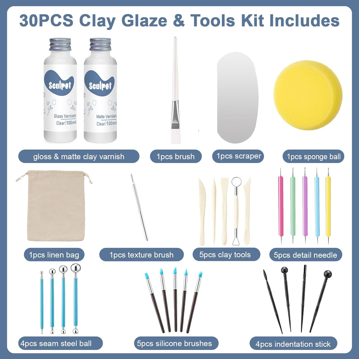 30Pcs Air Dry Clay Glaze with Clay Sculpting Tools, 100Ml Gloss Matte Clay Varnish and Air Dry Clay Tools Kit, Clay Glaze Pottery Tool Kit for High Gloss, Scratch Resistant, Sculpting, Modeling image number 3