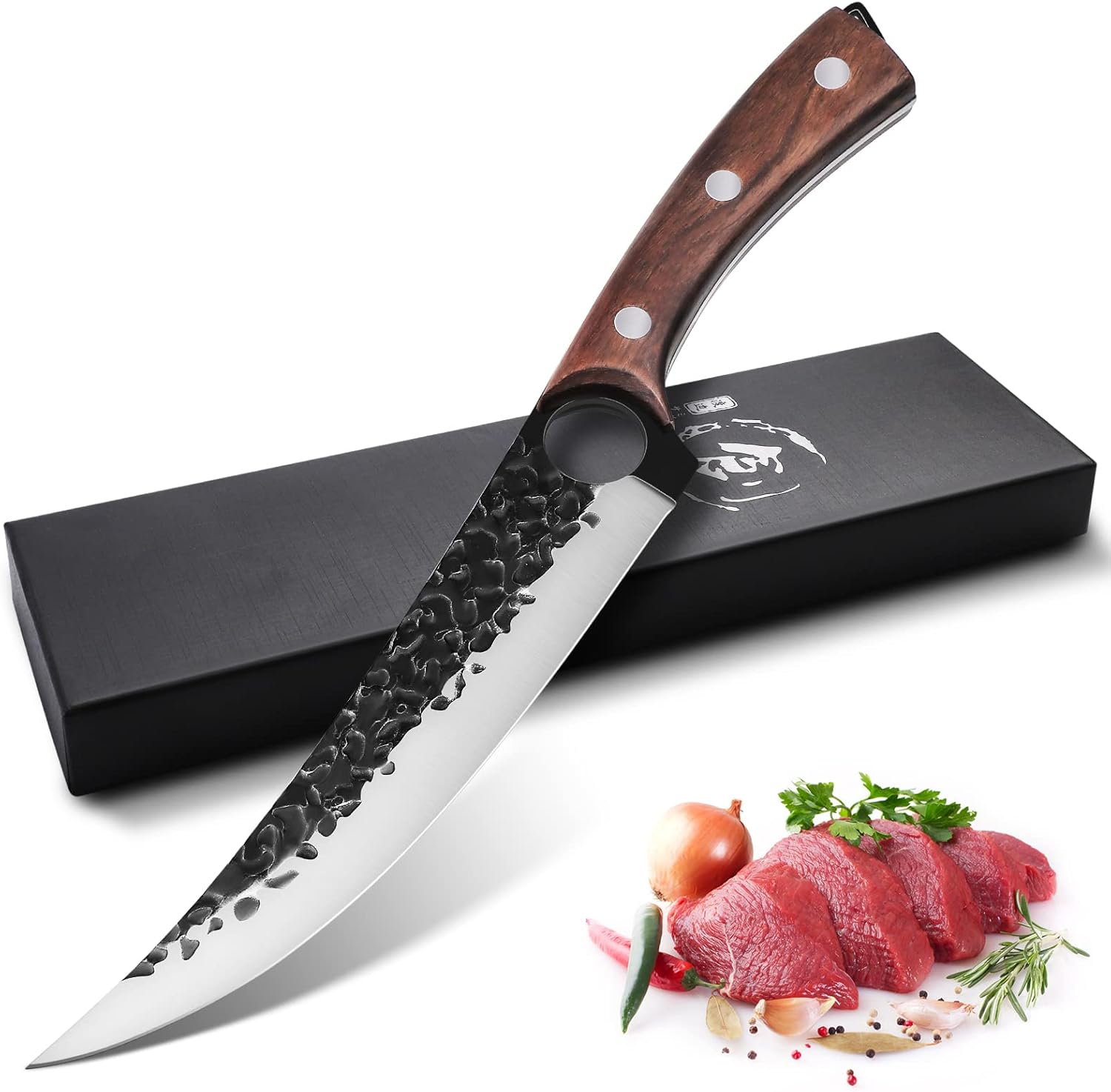 Purple Dragon 7 Inch Boning Knife Hand Forged Fillet Knife Full Tang Chef Knife Meat Vegetable Cleaver High Carbon Steel Kitchen Knife for Fish Meat Deboning with Gift Box for Home Kitchen Restaurant image number 3