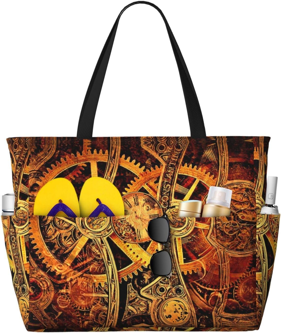 POCUK Cool Steampunk Gears Large Capacity Beach Tote Bag for Women Oversized Tote Bag for Weekend Travel, Black, One Size image number 5