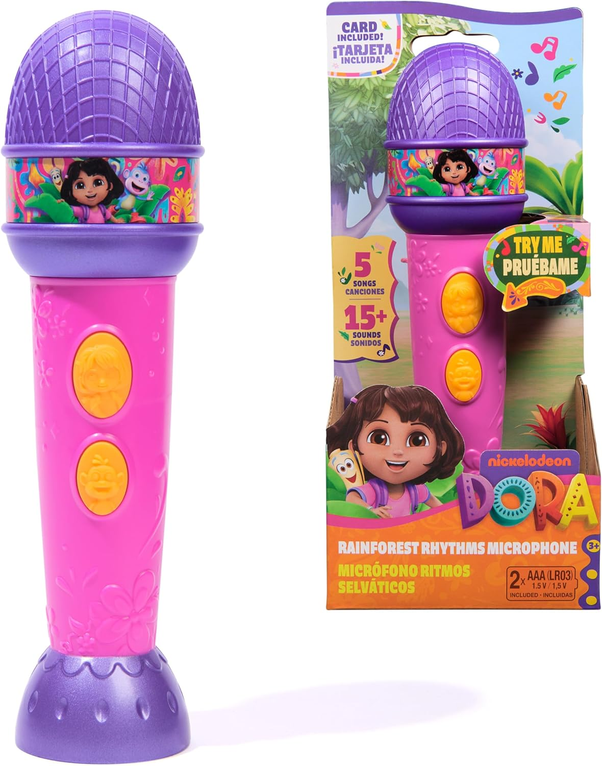 Dora, Rainforest Rhythms Microphone with Music, Sound Fx & Bilingual Phrases, Kids Toys for Girls & Boys Ages 3 and Up