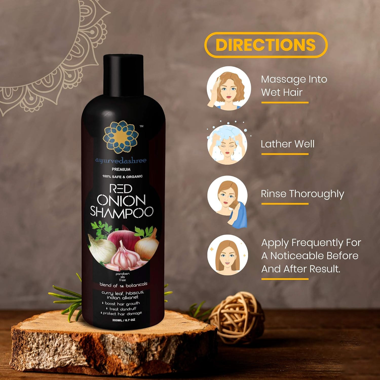 AYURVEDASHREE Red Onion Hair Growth & Hair Fall Control Shampoo &ndash; with Curry Leaf Hibiscus Indian Alanket Blend of 14 Botanicals 200Ml Sls and Paraben Free 100% Safe & Organic All Hair Type image number 2