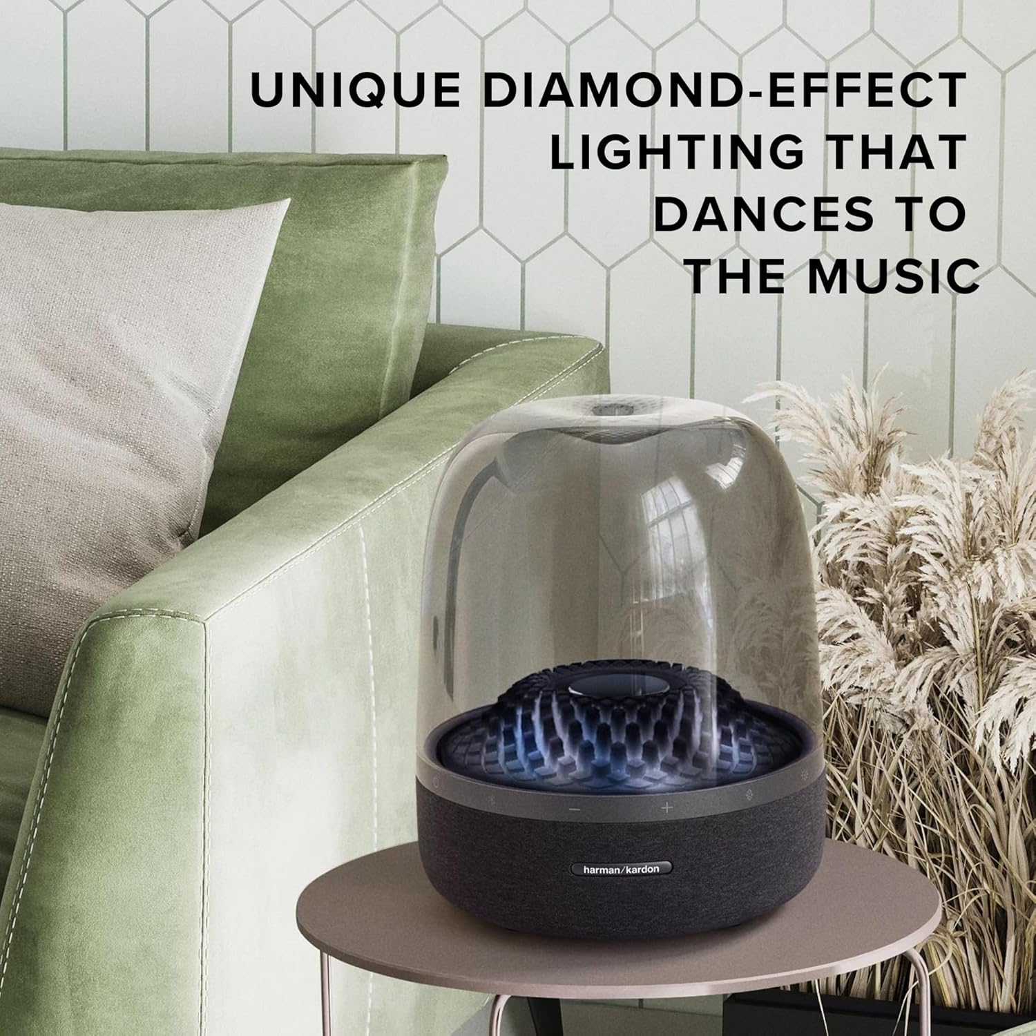 Harman Kardon Aura Studio 4, Superior Sound Performance, Unique Diamond-Effect Lighting That Dances to the Music, Bluetooth Music Streaming, Made in Part with Recycled Materials, Black image number 5