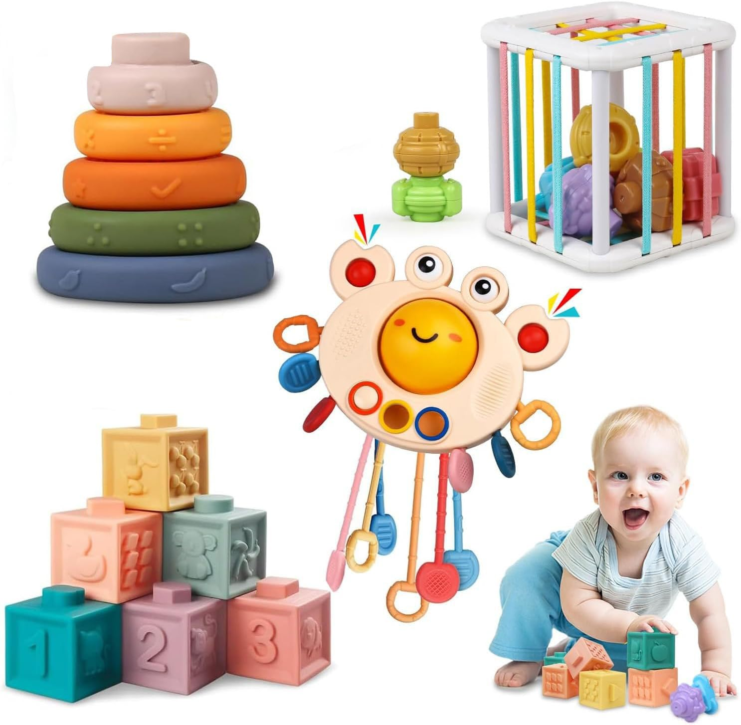 4 in 1 Montessori Baby Toys for Babies 6-18 Months,Pull String Teether, Infant Stacking Blocks, Sensory Shapes Storage Bin, Ideal Baby Boy Girl Gifts, Infant Toys 1 2 3 Year Old Boys Girls image number 6