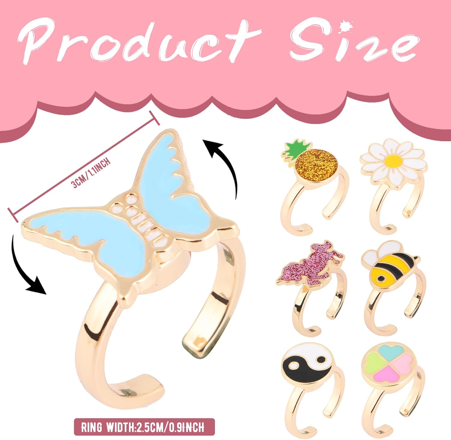 Mjartoria 7Pcs Fidget Rings for Anxiety, Shell Butterfly Unicorn Flower Stainless Steel Spinner Ring Set for Teen Girls Mood Rings Stress Relieving Wide Rings Set - Blue image number 2