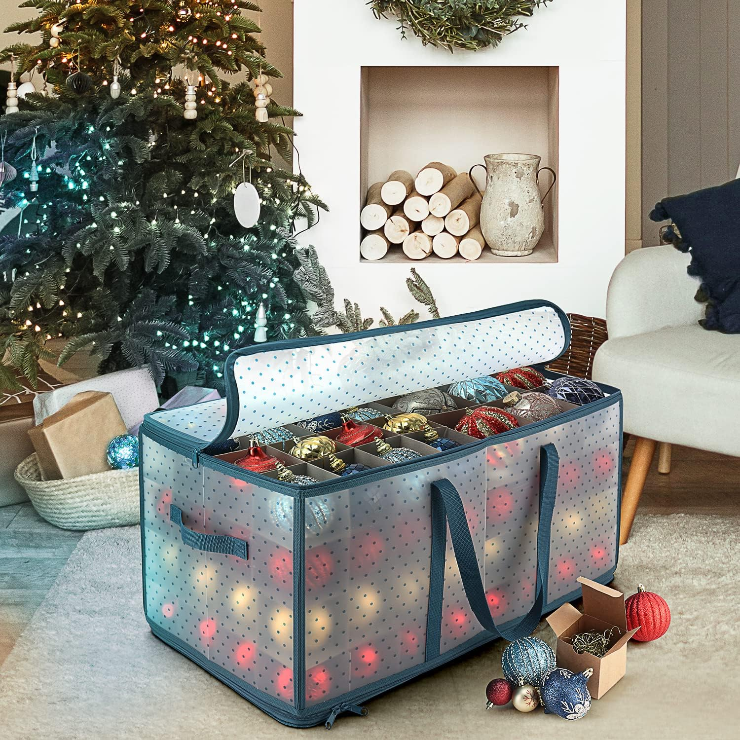 Hearth & Harbor Large Christmas Ornament Storage Box with Adjustable Dividers - Plastic Ornament Storage Container for 128 Holiday Ornaments or Decorations image number 2