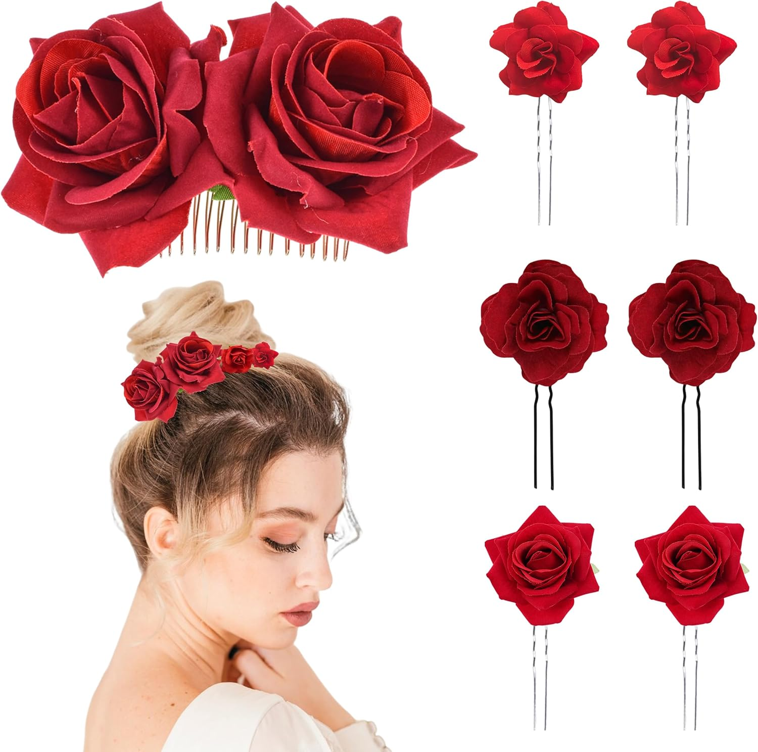 JIEYUMAO 7Pcs Rose Flower Hair Clips, Artifical Red Rose Hair Clip for Women, Elegant Rose Flower Hair Comb Rose Brooch Floral Clips Roses Flower Hair Barrette Hair Accessories for Wedding Party image number 1