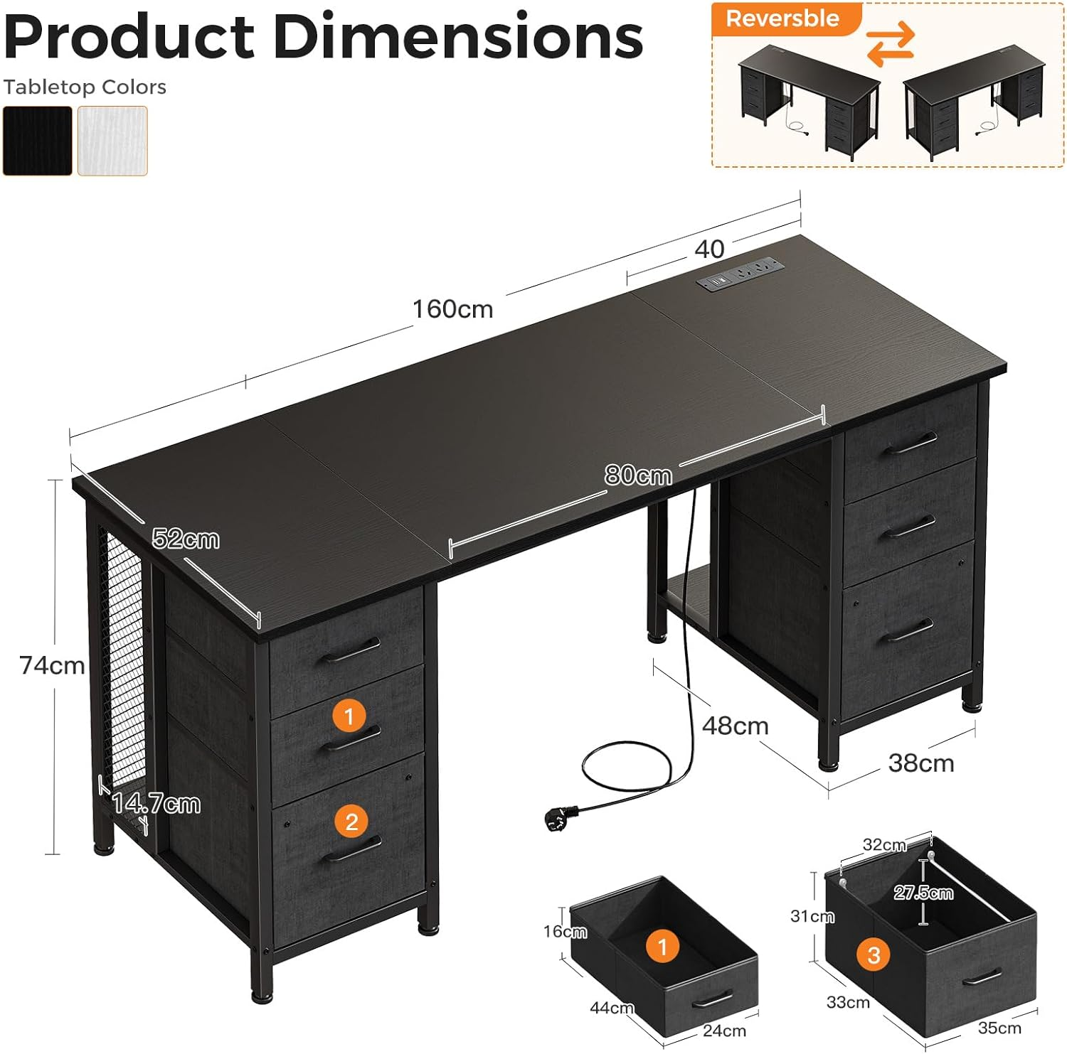 ODK 160Cm Computer Desk with 2 File Cabinets and 4 Fabric Drawers, Home Office Desk with Power Outlets, PC Table with Storage,Study Table for Bedroom Office Gaming,160 * 53 * 76Cm,Black image number 1