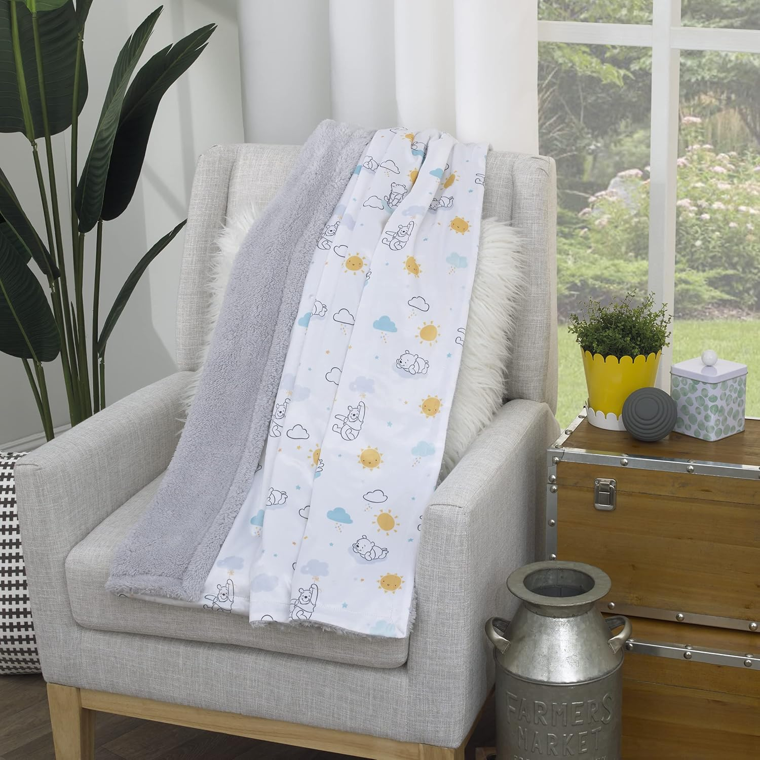 Disney Winnie the Pooh White, Yellow, and Aqua Sunshine and Clouds Super Soft Velboa with Sherpa Back Baby Blanket - Disney Mickey Mouse Striped image number 2