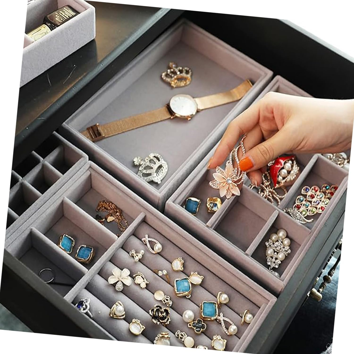 WEZCHUGHAOL Velvet Jewellery Storage Trays, Set of 6, Stackable Organiser for Drawers, Grey image number 5