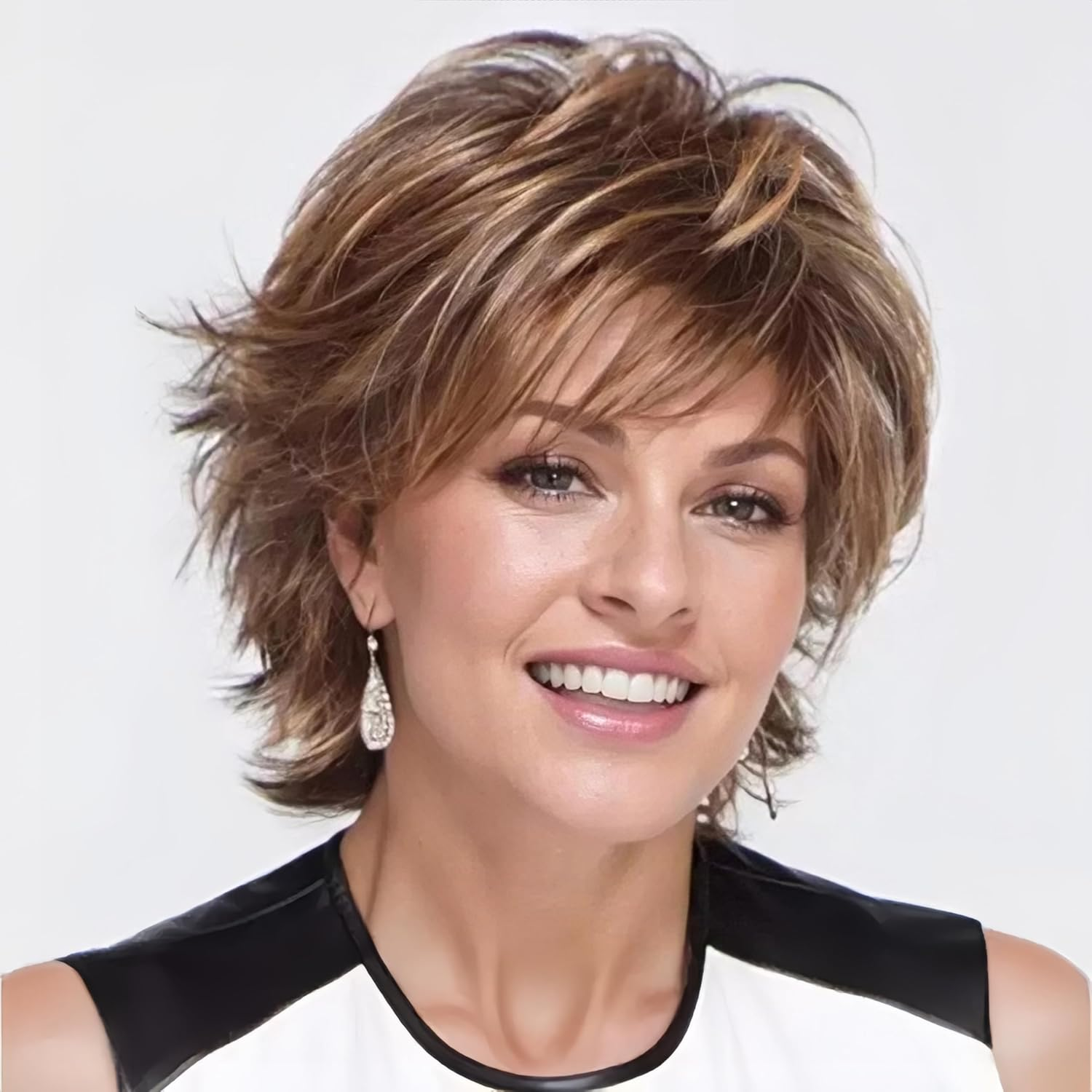 Short Gold Brown Curly Wigs with Blonde Highlight Brown Pixie Cut Wavy Wigs for Women Layered Synthetic Full Wigs for Daily Party,(With a Wig Cap) image number 2