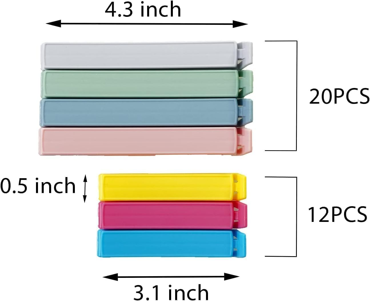 MOLANLY 34 PCS Plastic Chip Clips for Food Packages, Curved Design Sealing Bag Clips for Food, Kitchen and Home, 2 Sizes(4.3Inch X 20, 3.1Inch X 12) image number 4