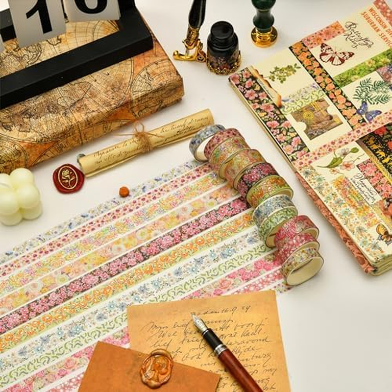 KAVI' S 20 Rolls Flowers Washi Tape Set Floral Arts Adhesive Tapes Gold Foil Decorative Masking Tape Sets for Craft, Kids, Scrapbook, DIY, Gift Wrapping image number 4