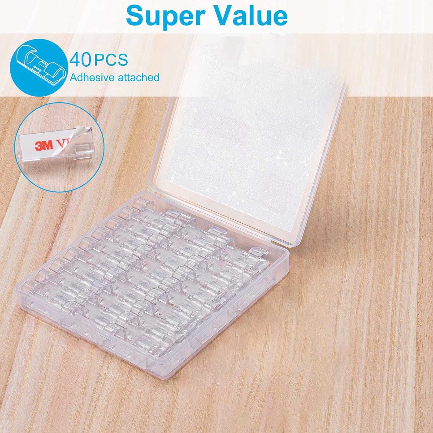 Adhesive Cable Clips Clear (40PCS, M), Upgraded Cable Management Wire Holders for Nightstand Wall, Strong Cord Organizer under Desk, Car, TV PC, Christmas Light Indoor/Outdoor - Transparent image number 5