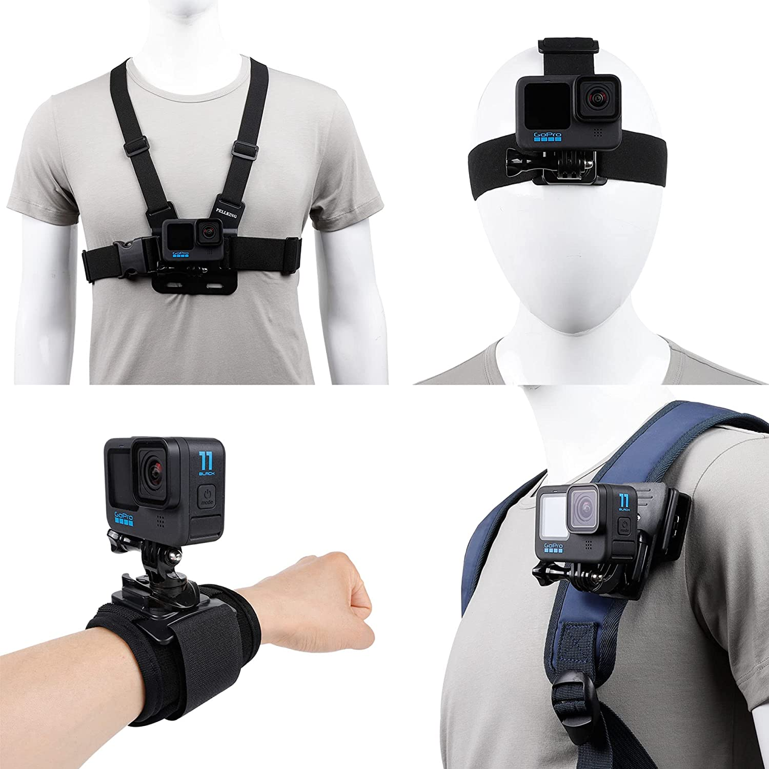 Accessories Set for Gopro Hero 11/10/9/8/7/6/5/4,New Quick Release Head Strap Mount + Chest Mount Harness + Backpack Clip Holder + 360&deg;Rotating Wrist Strap image number 3