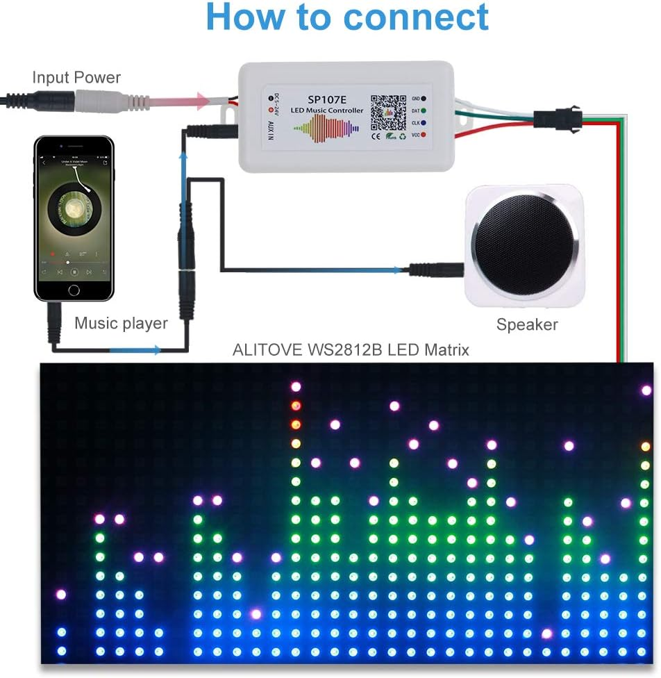 ALITOVE WS2812B WS2811 WS2815 LED Controller Music Sync Bluetooth App Control by Ios Android for WS2812 WS2813 SK6812 WS2801 Dream Color Addressable LED Strip Matrix Panel Pixel Light, Mic/Aux Input image number 4