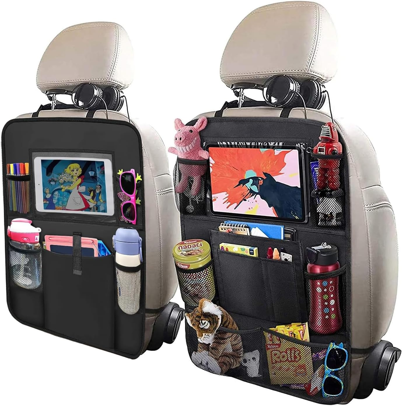 2 Pack Car Backseat Organiser with 10" Tablet Holder anti Kick Mats Back Seat Protector Car Back Seat Organizer for Kids Car Travel Accessories Kids Toy Storage with 9 Storage Pockets image number 1