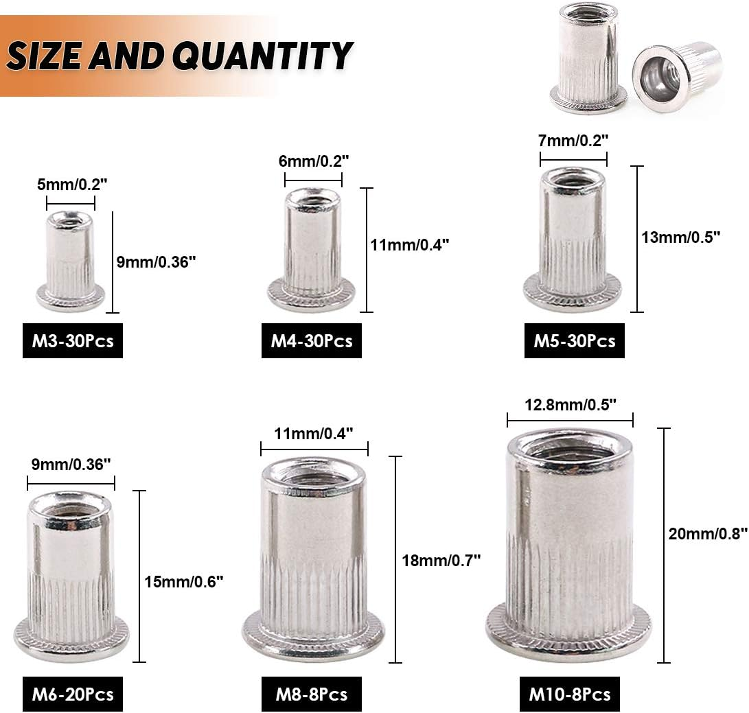 Keadic 126Pcs Metric Stainless Steel Rivet Nut Flat Head Threaded Insert Nutsert Assortment Kit - M3 M4 M5 M6 M8 M10 image number 3