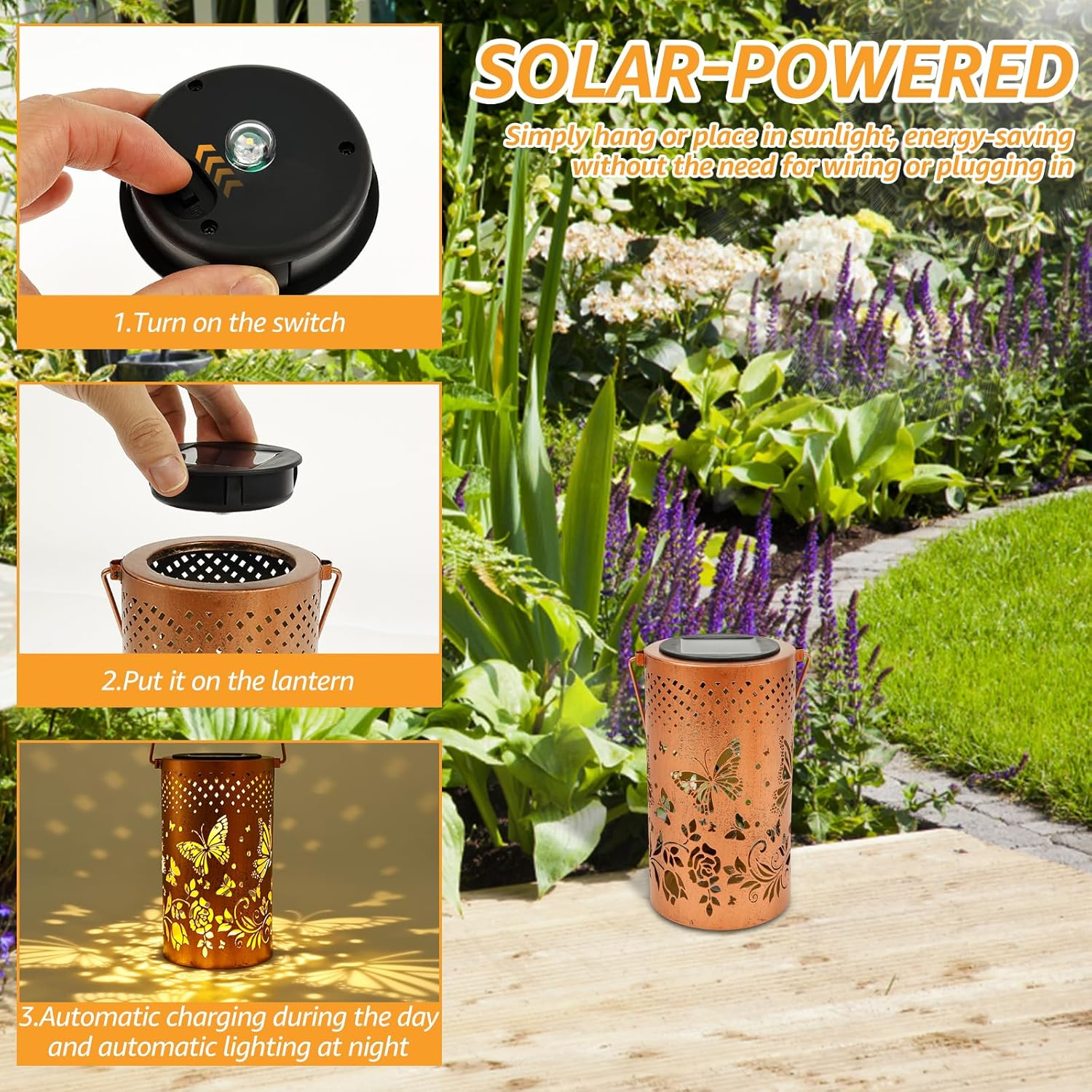 2Pcs Solar Lanterns, Outdoor Waterproof Hanging Solar Lights, Butterfly Hanging Lights, Birthday Gifts for Women Mom Grandma, Butterfly Garden Lanterns for Garden Yard Patio Porch (Style1) - Style1 image number 3