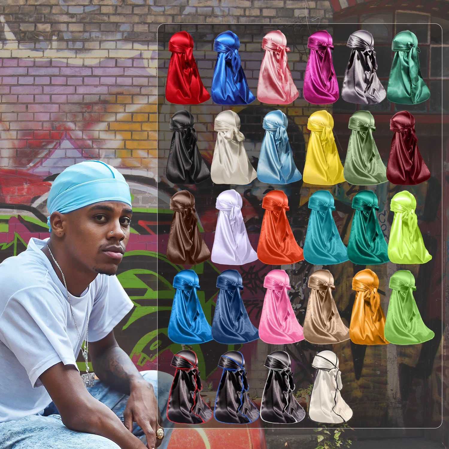 Silky Durag for Men Wave Cap Satin Dorag for Men Women 360 Wave - Black image number 2