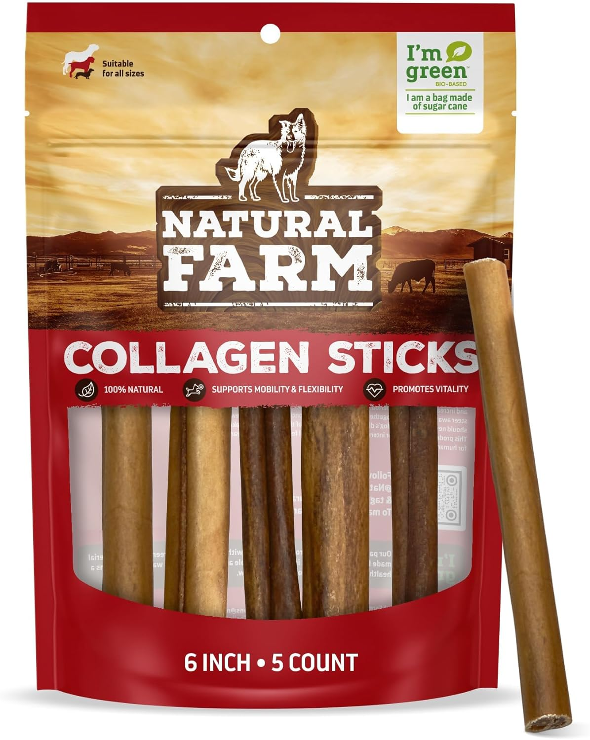 Natural Farm Collagen Sticks 6-Inch Dog Chews - Odor-Free, 95% Natural Collagen Supports Healthy Joints, Skin & Coat - Small, Medium Dogs &ndash; Lasts 20% More (6 Inch, 5 Pack) image number 5