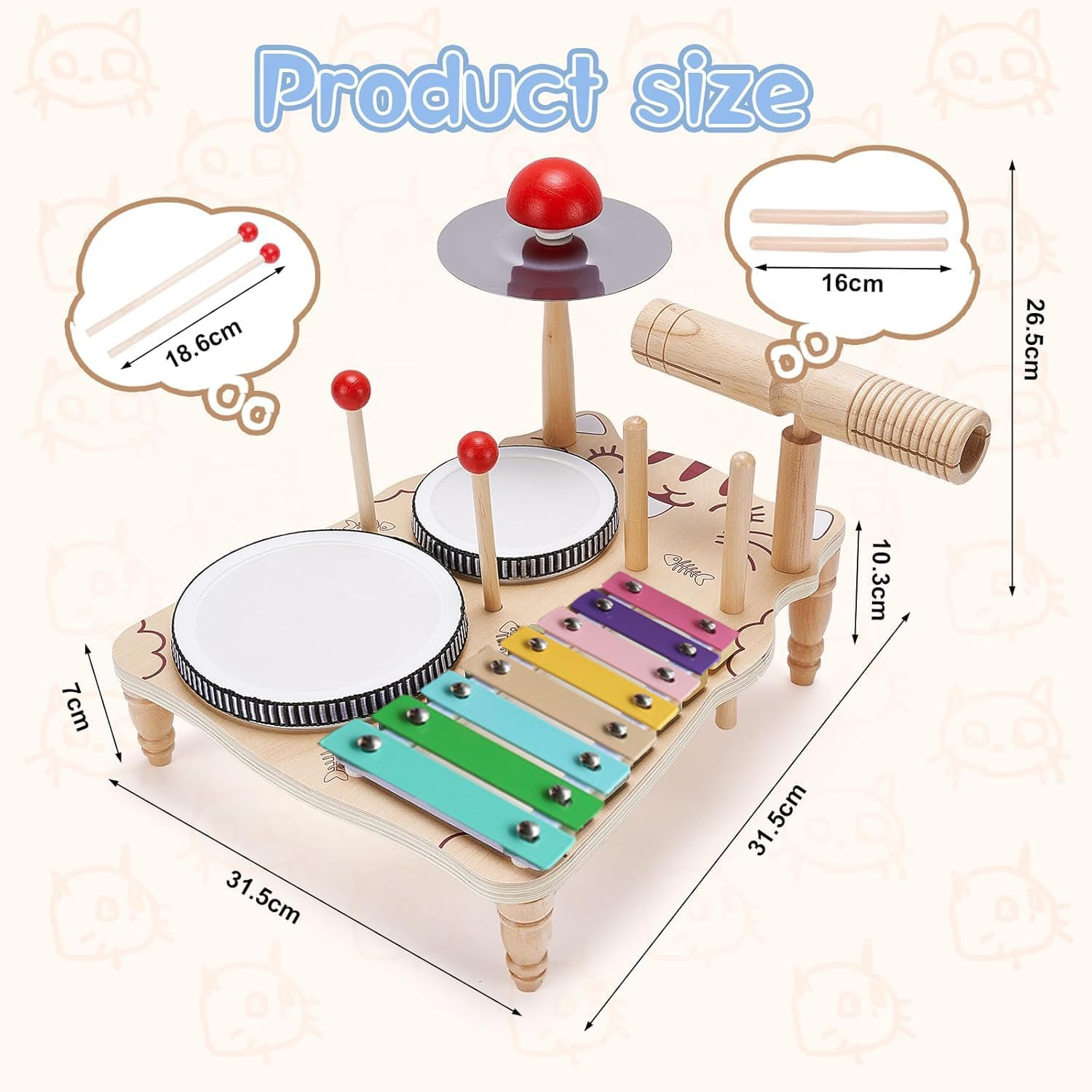 Wooden Drum Set for Toddlers, Baby Musical Instrument Set Kids Toys, Natural Wooden Montessori Toys Xylophone Music Kit Baby Sensory Toys Months Birthday Gifts for Girls Boys-Upgraded image number 5