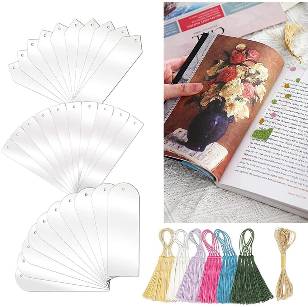 Cuicanfla 61 Pcs Blank Acrylic Bookmark Set, 30PCS Clear Acrylic Craft Bookmarks + 30PCS Colorful Tassel + 1PCS Cord, Acrylic Bookmark, for DIY Craft Ornaments image number 1