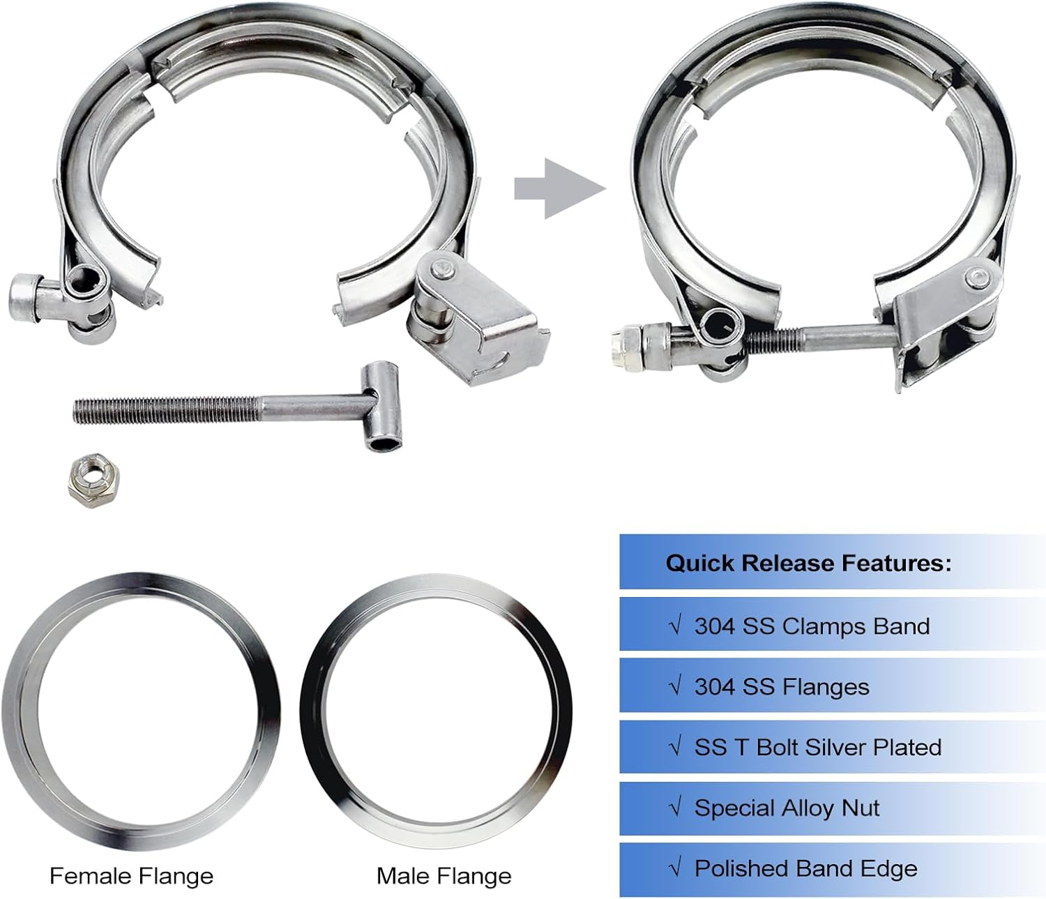 ROADFORMER 2.75 Inch V Band Clamp - 2 Sets of Quick Release Vband Clamps with Male Female Flanges Stainless Steel for Exhaust System, Turbocharger, Downpipe and Mufflers (2.75" - 2 Pack) image number 6