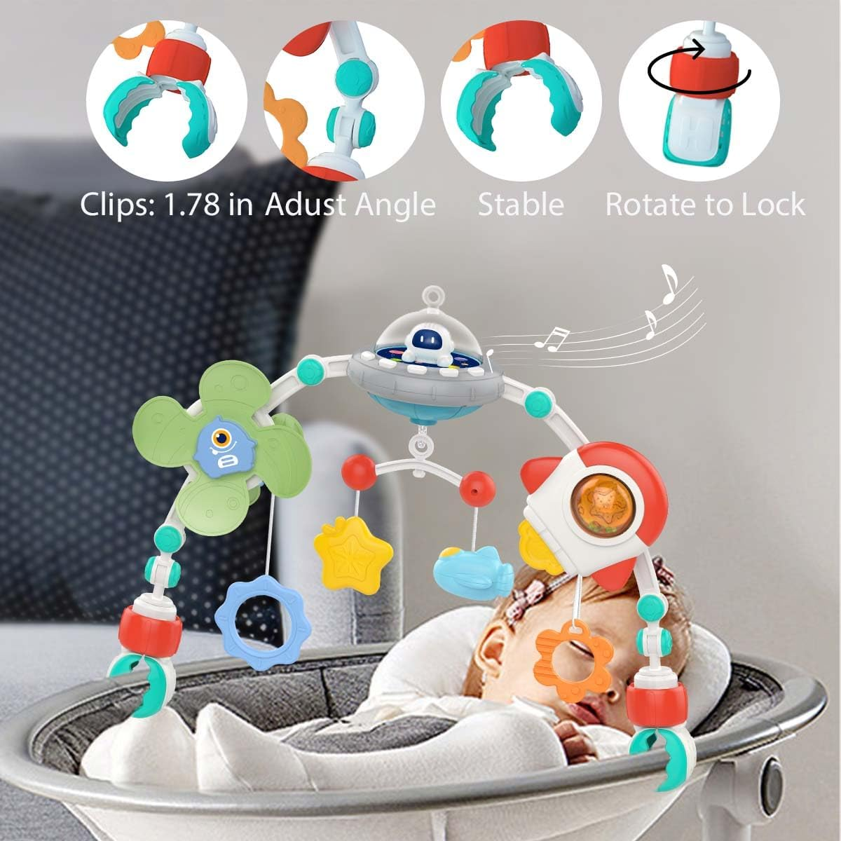 Baby Stroller Arch Toy, Adjustable Car Seat Toys with Musical and Projector for Infants 0-12 Months Babies, Montessori Sensory Rotating Space Rocket Crib Bassinet Travel Gift Toys image number 5