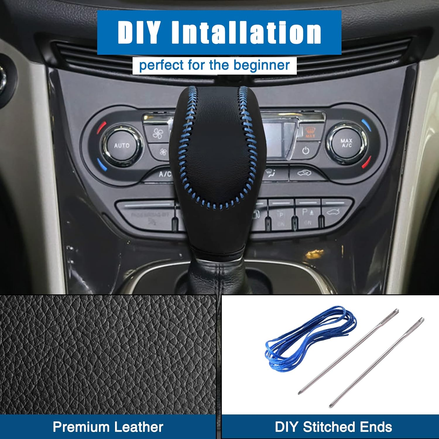 AICARS Leather Gear Shift Knob Cover Compatible with Ford Focus丨 Escape丨 Fusion丨 C-Max Energi Wagon丨 Transit 丨 Fiesta 2012-2019 Black Leather with Blue Stitches Shifter Knob Cover- Black - Red image number 6