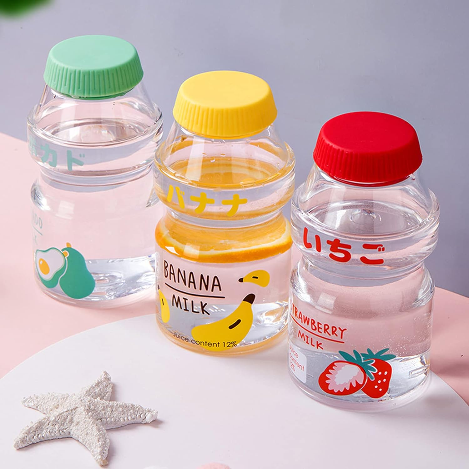 Yirepny Plastic Water Bottle Yakult Shape, Strawberry Lemon Avocado Peach Cartoon Pattern Suitable for Children Boys and Girls Can Be Filled with Milk Coffee Cold Drinks Red image number 4