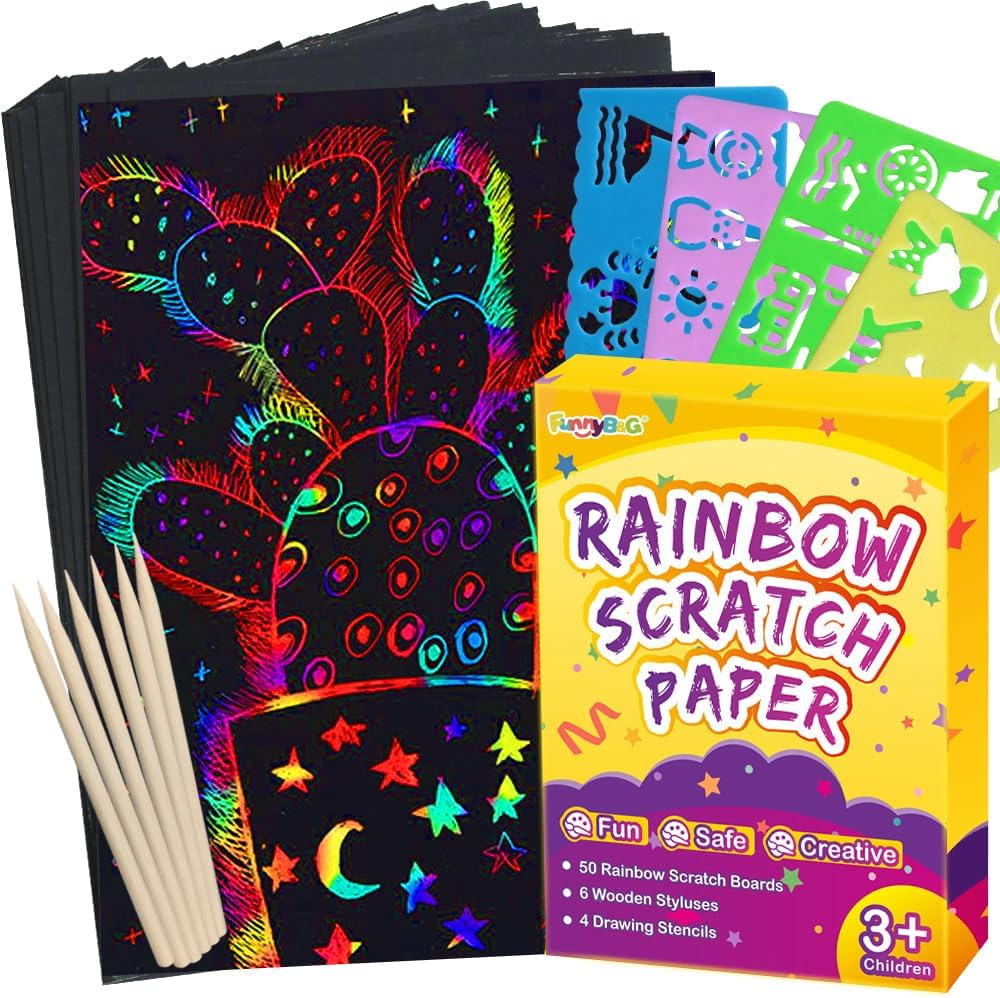 FUNNYB&G Rainbow Scratch Paper Art for Kids - 60 Pcs Magic Rainbow Scratch Paper off Set Scratch Crafts Arts Supplies Kits Pads Sheets for Party Games Christmas Birthday Valentine'S Day image number 6