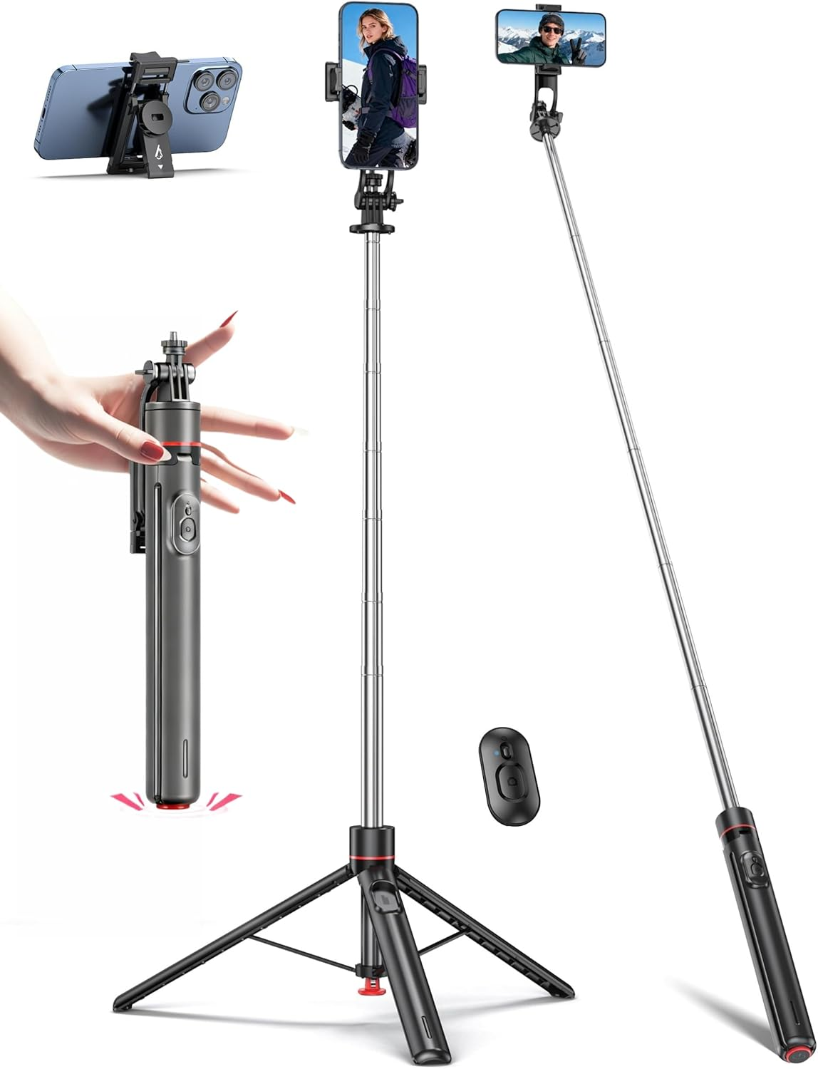 Auto Pop Open Tripod with Magnetic Remote, 178Cm Extendable Automatic Selfie Stick Tripod Compatible with Iphone Android, 360&deg; Rotatable, One-Piece Design for Vlog Video Recording image number 5