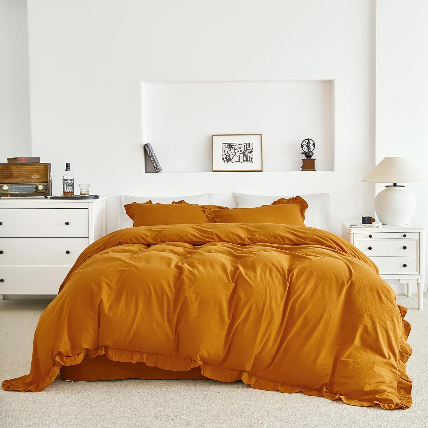 SUSYBAO Vintage Ruffled Duvet Cover King 100% Washed Cotton Cute Lace Duvet Cover 3 Pcs Set 1 Farmhouse Shabby Chic Duvet Cover with Zipper Ties 2 Pillow Shams Soft White Ruffle Bedding Set Comfy