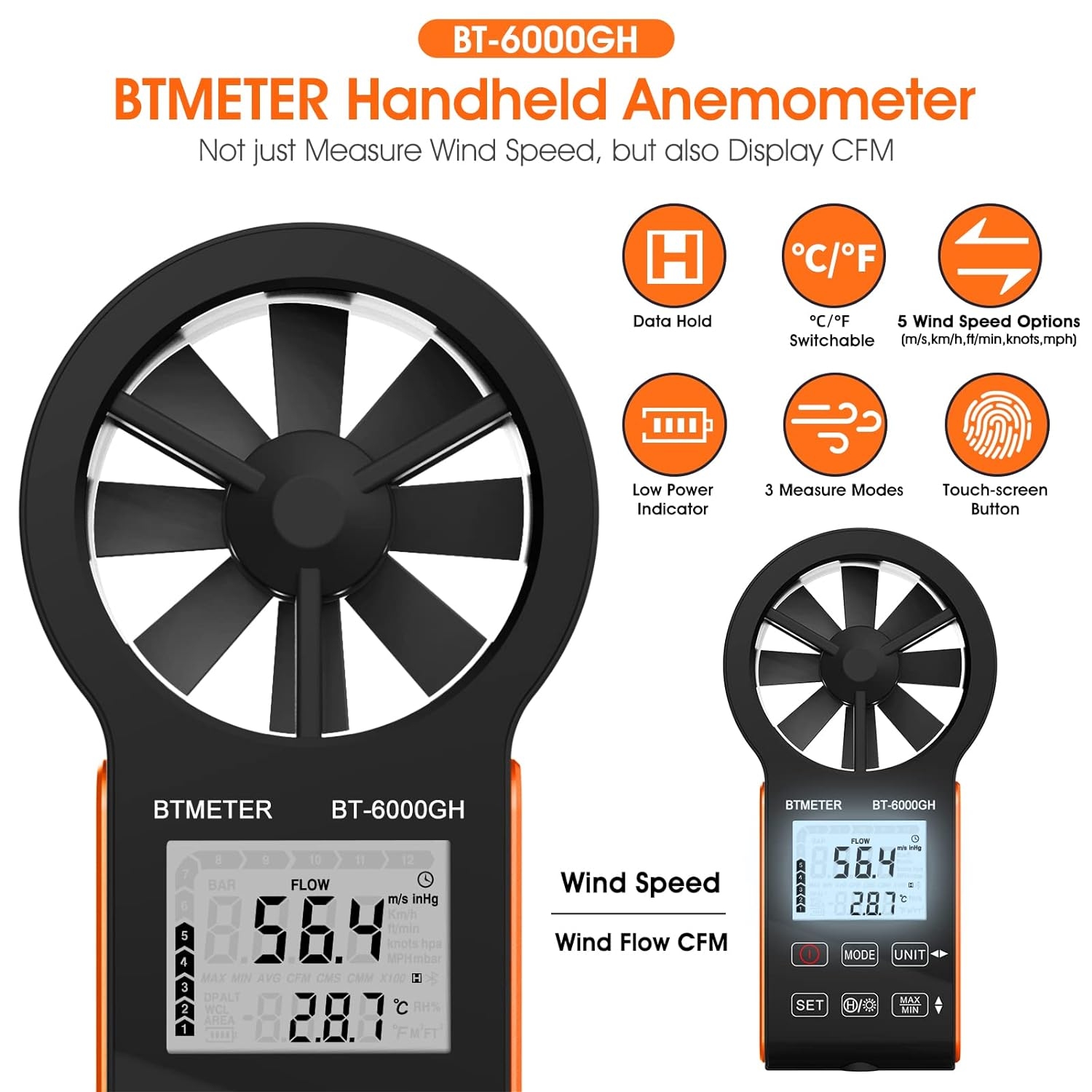 BTMETER Anemometer CFM Wind Meter, Air Flow Gauge Measure Wind Speed 0.3~30M/S, Monitor Airflow Volume 0-999900 Ft3/Min for HVAC Duct Air Vent, Touch-Screen Windometer 6000GH image number 1