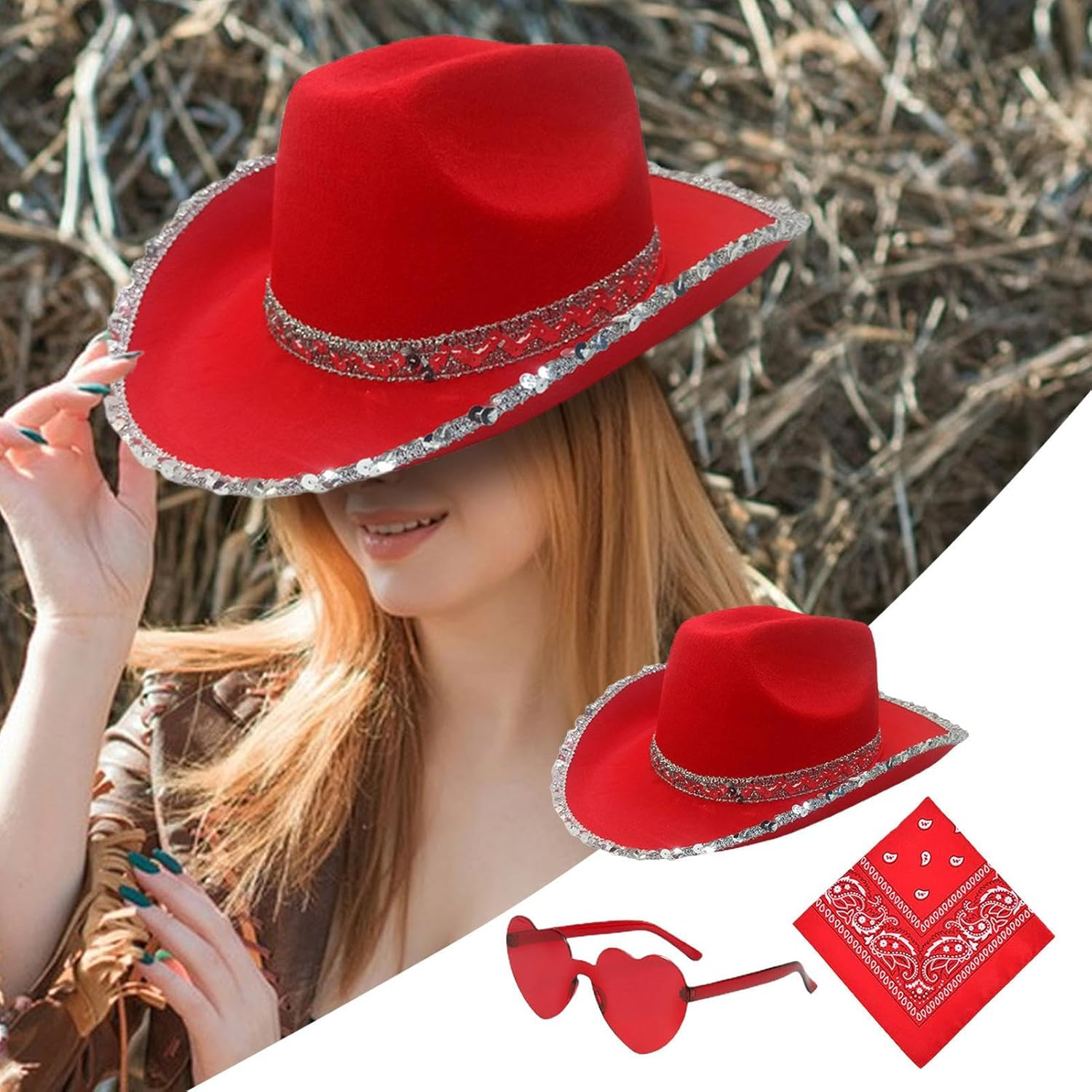 Cowgirl Hats Women - Bling Jazz Hat with Glasses Headscarf, Cowgirl Hats Pack, Costume Dress up Party Supplies for Festival Party image number 5