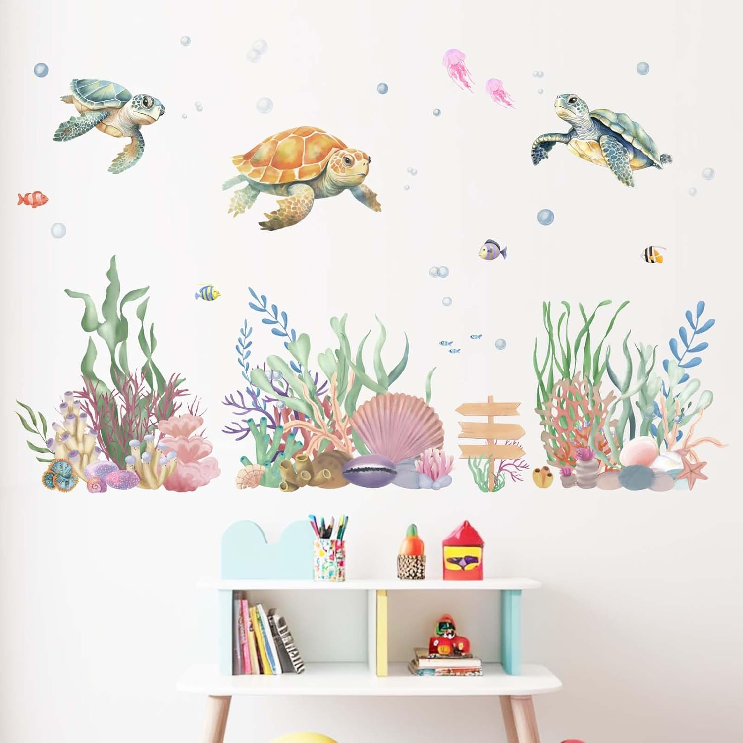 Amimagen Ocean Sea Turtle Wall Decals - under the Sea Marine Theme Seaweed Grass Wall Stickers - Baby Nursery Kids Bedroom Daycare Bathroom Wall Decor
