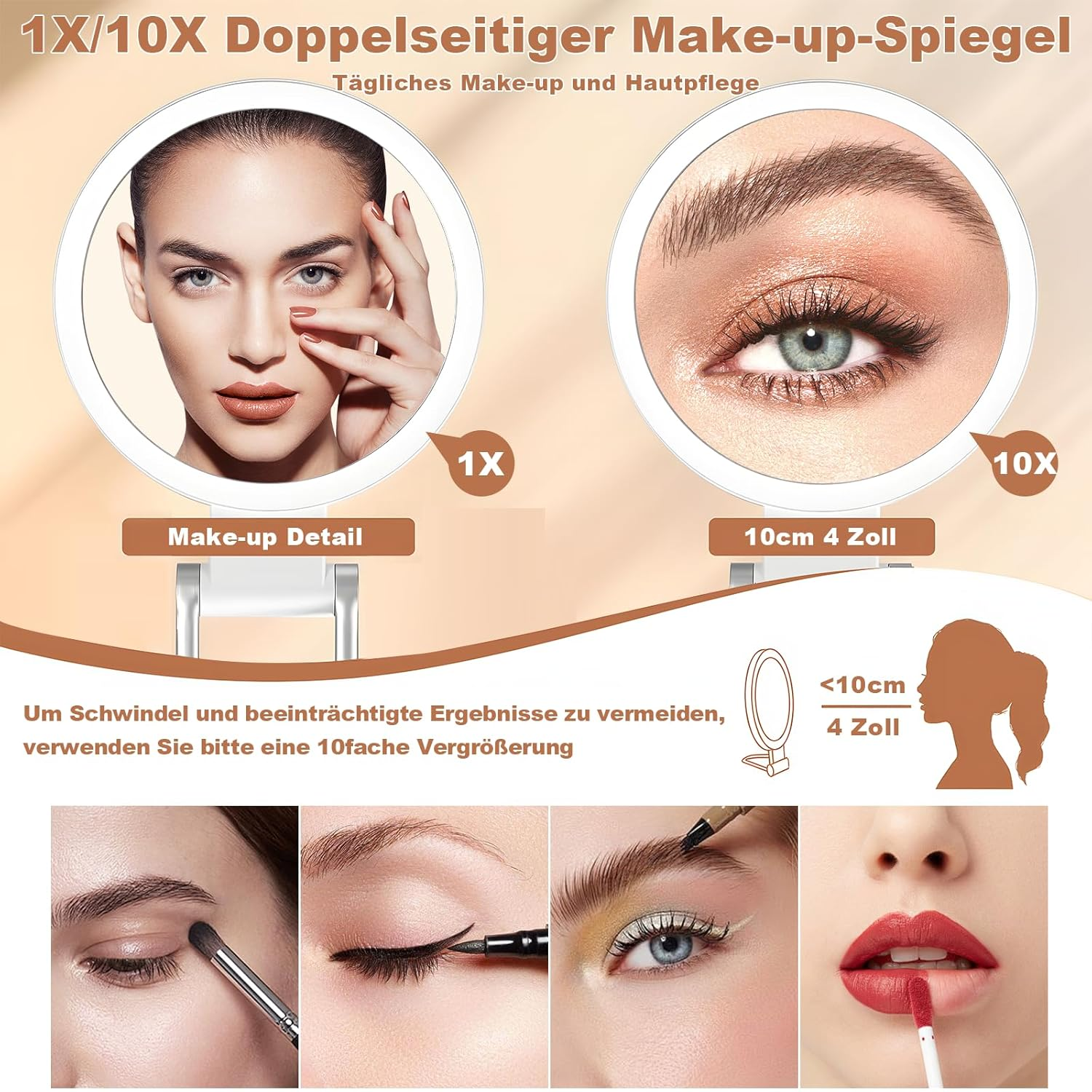 Moorstdel Cosmetic Mirror with Lighting, 1X/10X Magnifying Mirror with Light, Double Sided with 3 Colours, Magnifying Mirror, Dimmable LED, Foldable Cosmetic Mirror, White image number 4