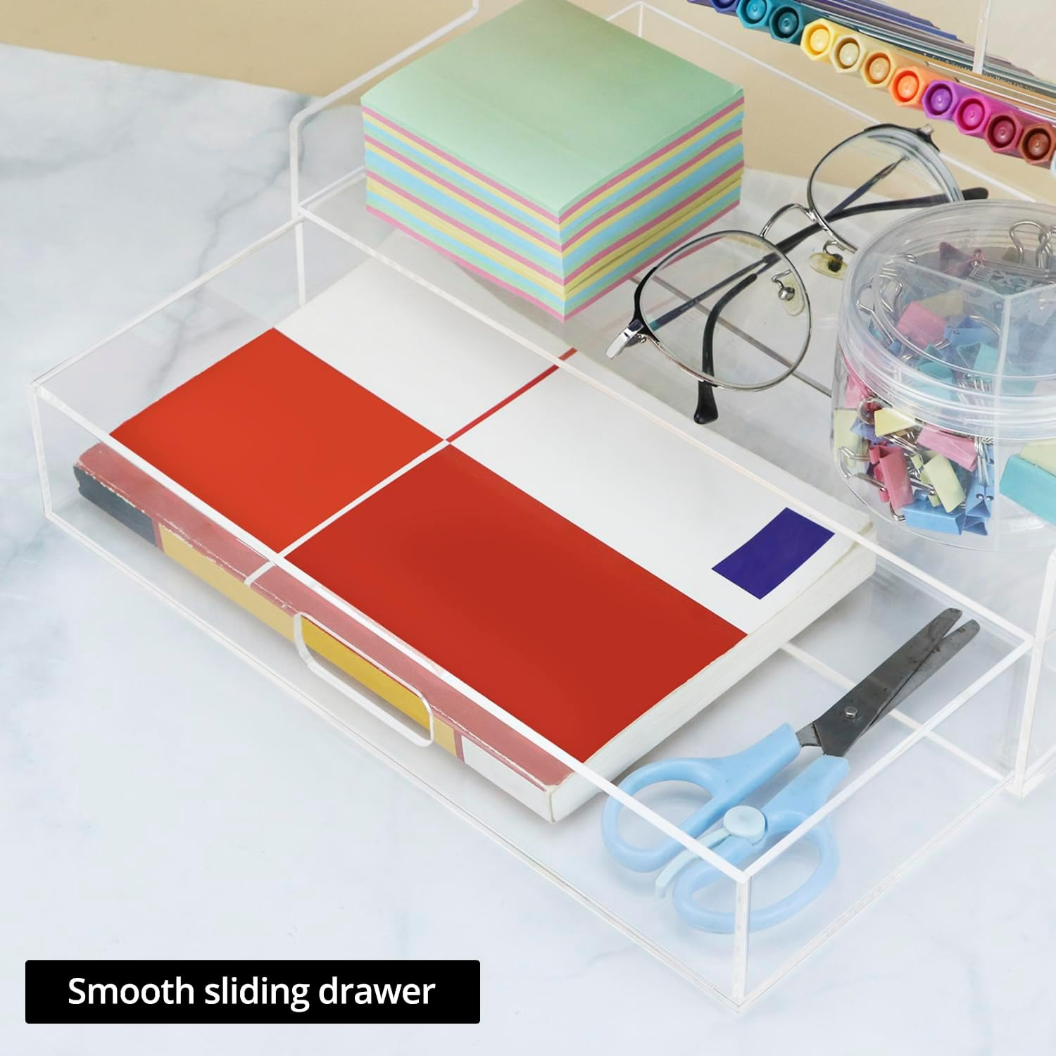 QWORK Acrylic Desk Organizers and Accessories &ndash; Multi-Compartment Storage with Drawer for Office, School, and Home, Clear Pencil Organizer and Pen Holder image number 3