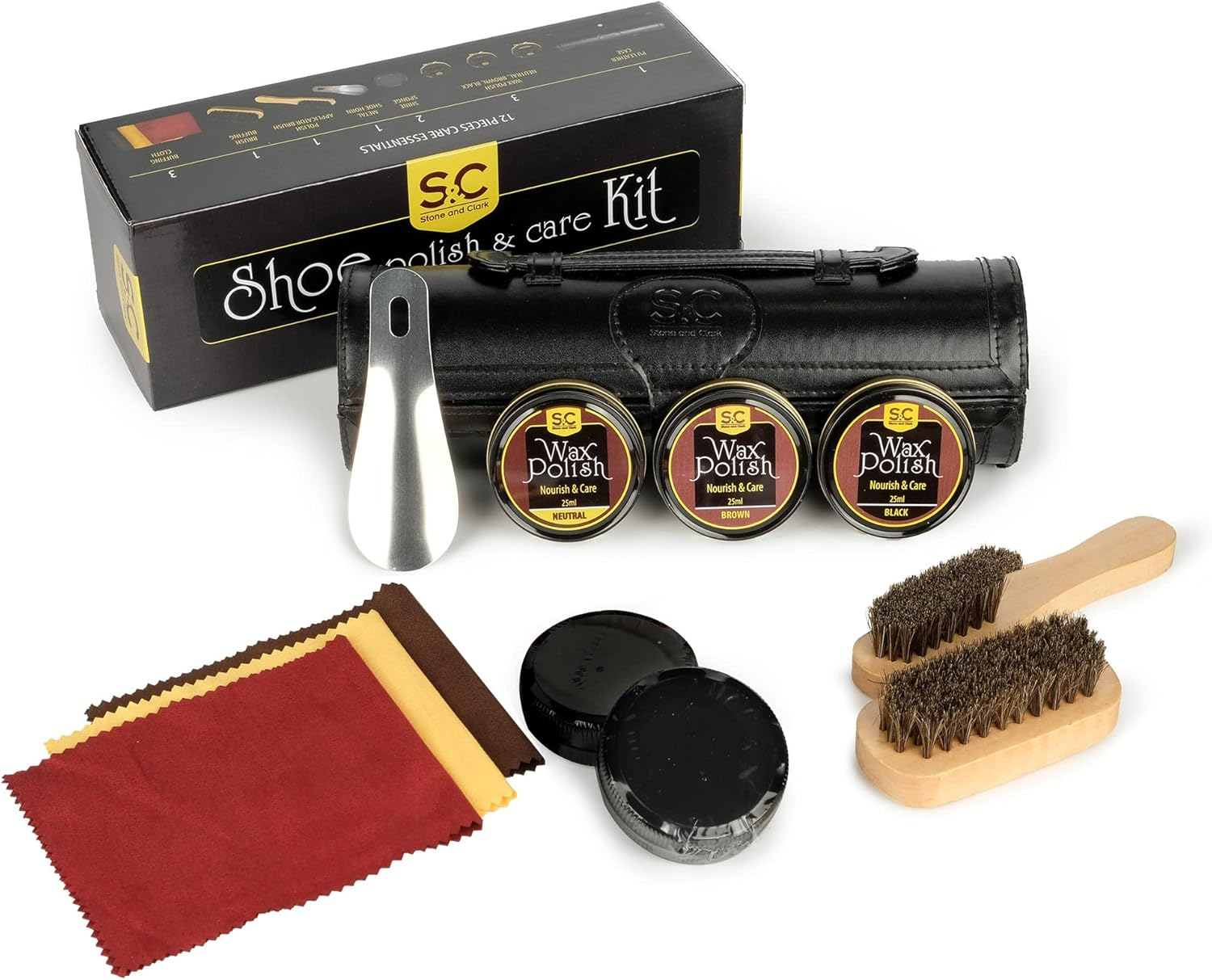 Stone & Clark 12PC Shoe Polish & Care Kit, Leather Shoe Shine Kit with Brown Wax, Shoe Brushes for Polishing (Case: Classic Black)&hellip; image number 6