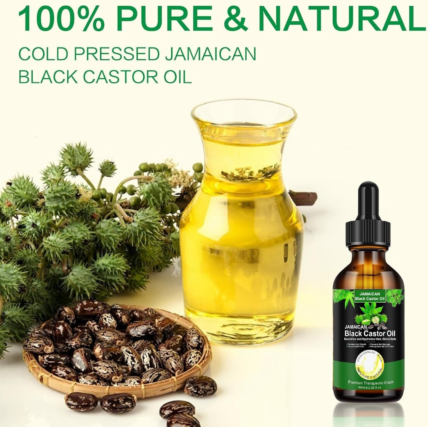 Jamaican Black Castor Oil, 100% Pure & Organic, Cold Pressed in Glass Bottles for Hair, Eyelashes, Eyebrow, Skin Growth, Hydration, Nourishment, Regeneration, Massage Essential Oil, 2 Fl Oz,