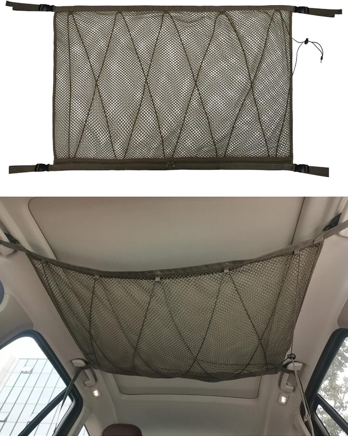 90X65Cm Mesh Car Ceiling Cargo Net Double-Layer Car Organizer Pocket Adjustable Mesh Storage Bag Long Road Trip SUV Car Ceiling Storage Net Camping Cargo Net for Tent Putting Quilt Towel Sundries (KA) image number 5