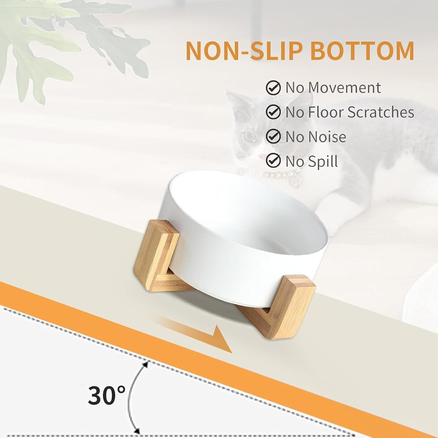 Ceramic Cat Bowl,Small Dog Food Bowl,With Wood Stand Non-Slip,Double White Bowls,Ceramic Bowl for Food and Water (800Ml/27Oz) image number 3