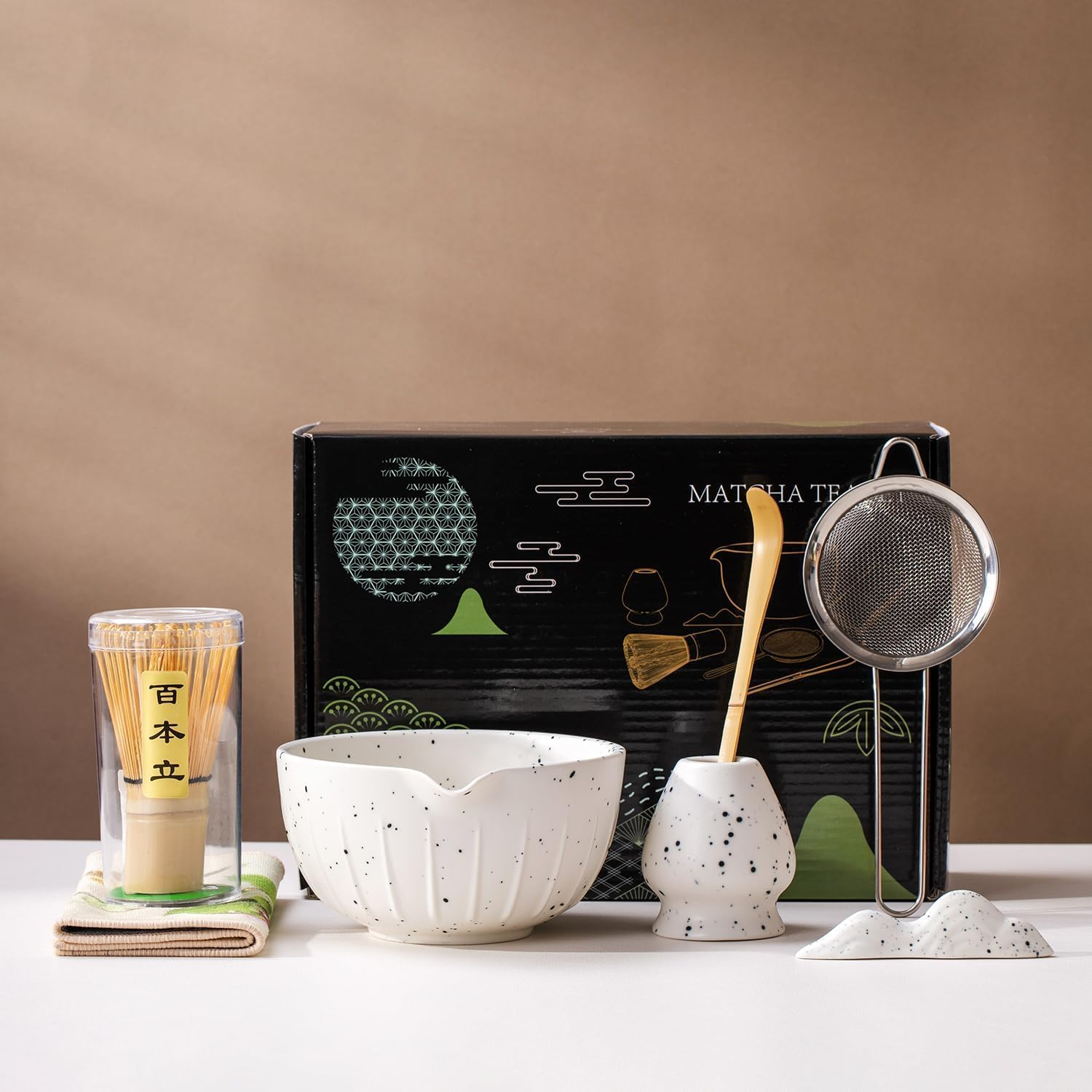 Matcha Whisk Set - 7Pcs Japanese Matcha Kit with Matcha Bowl, Matcha Whisk, Whisk Holder, Strainer - Elegant Matcha Set for Gifting and Personal Use, Gift Box Packaging (Green-7 Pcs)