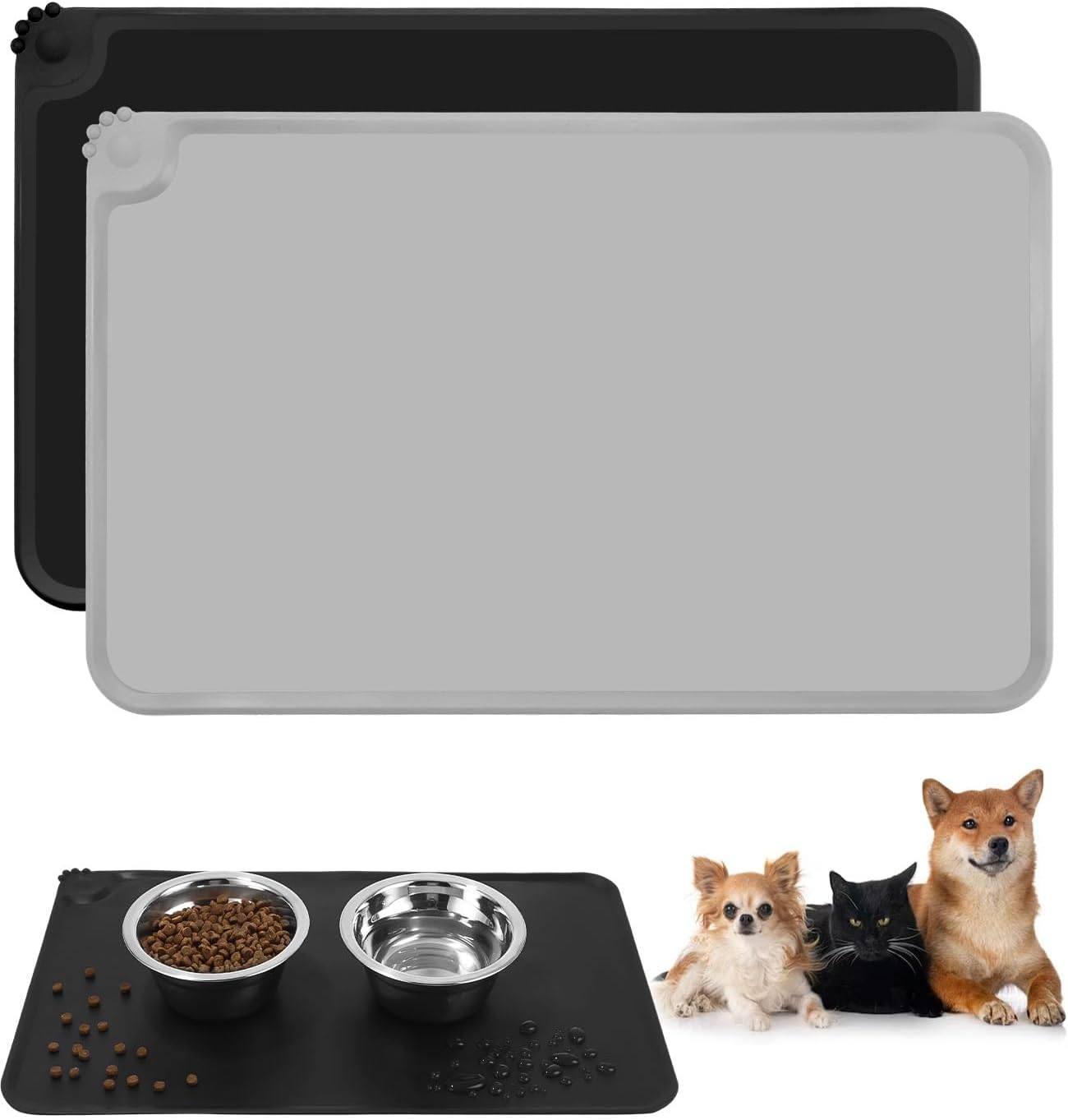 Set of 2 Bowl Mat for Dogs and Cats, 48 X 30 Cm (Black and Grey), Waterproof and Non-Slip Silicone Feeding Mat, Feeding Mat, Non-Slip Pet Feeding Mat for Feeding Bowls Placemats image number 3