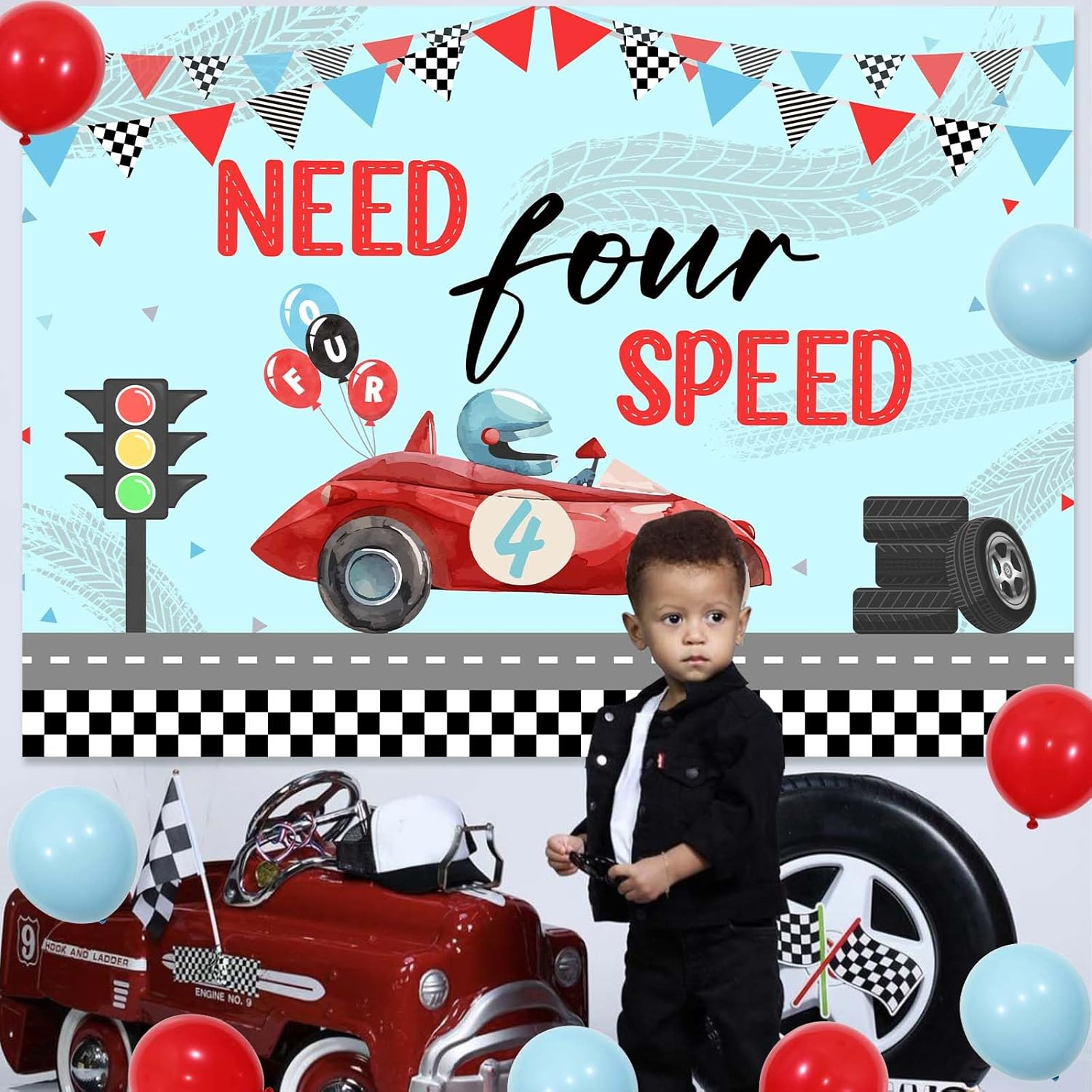 Wonmelody Race Car 4Th Birthday Party Backdrop Need Four Speed Backdrop Banner Race Car 4Th Birthday Decors Red Blue Race Car Vintage Photography Background Supplies for 4Th Boys (7 * 5Ft) image number 4