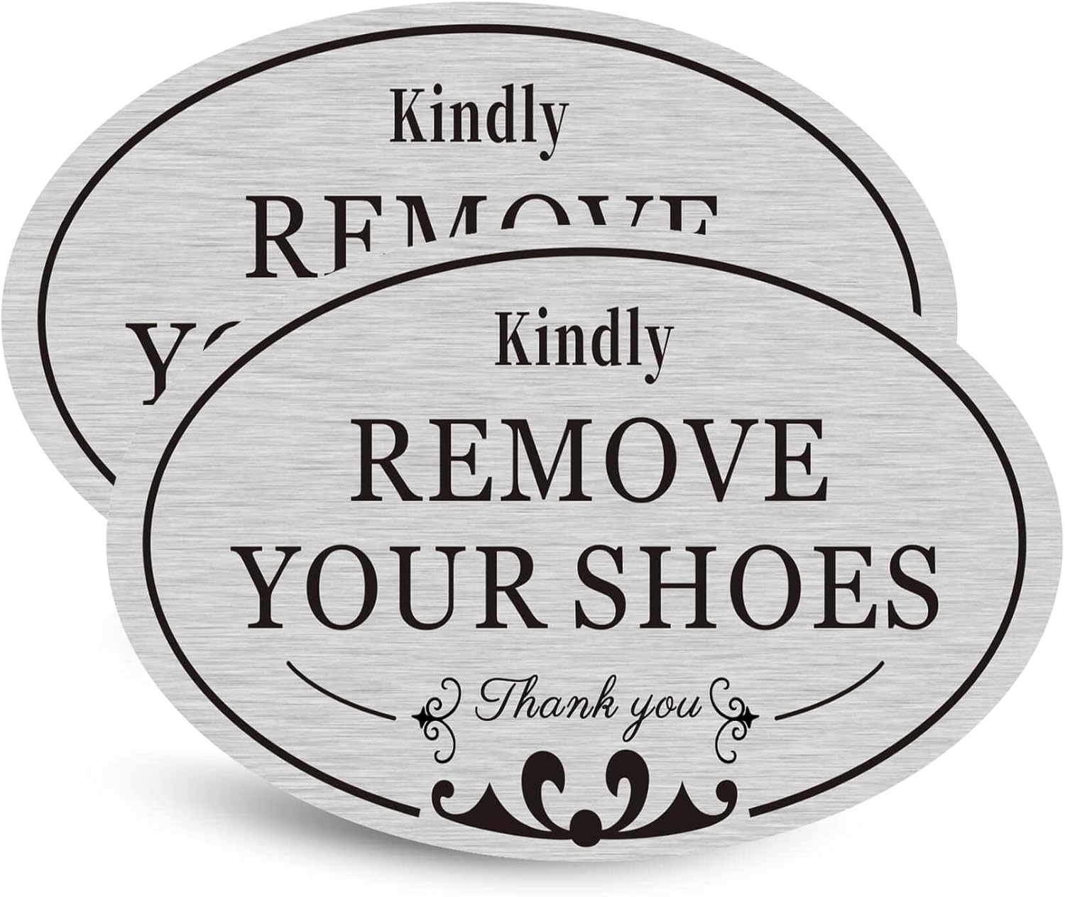 CARGEN 2 Pack Kindly Remove Your Shoes Oval No Shoes Sign Decal Sticker Home House Door Sign 6.3" X 3.8" Silver Minimalist PVC Sign image number 1