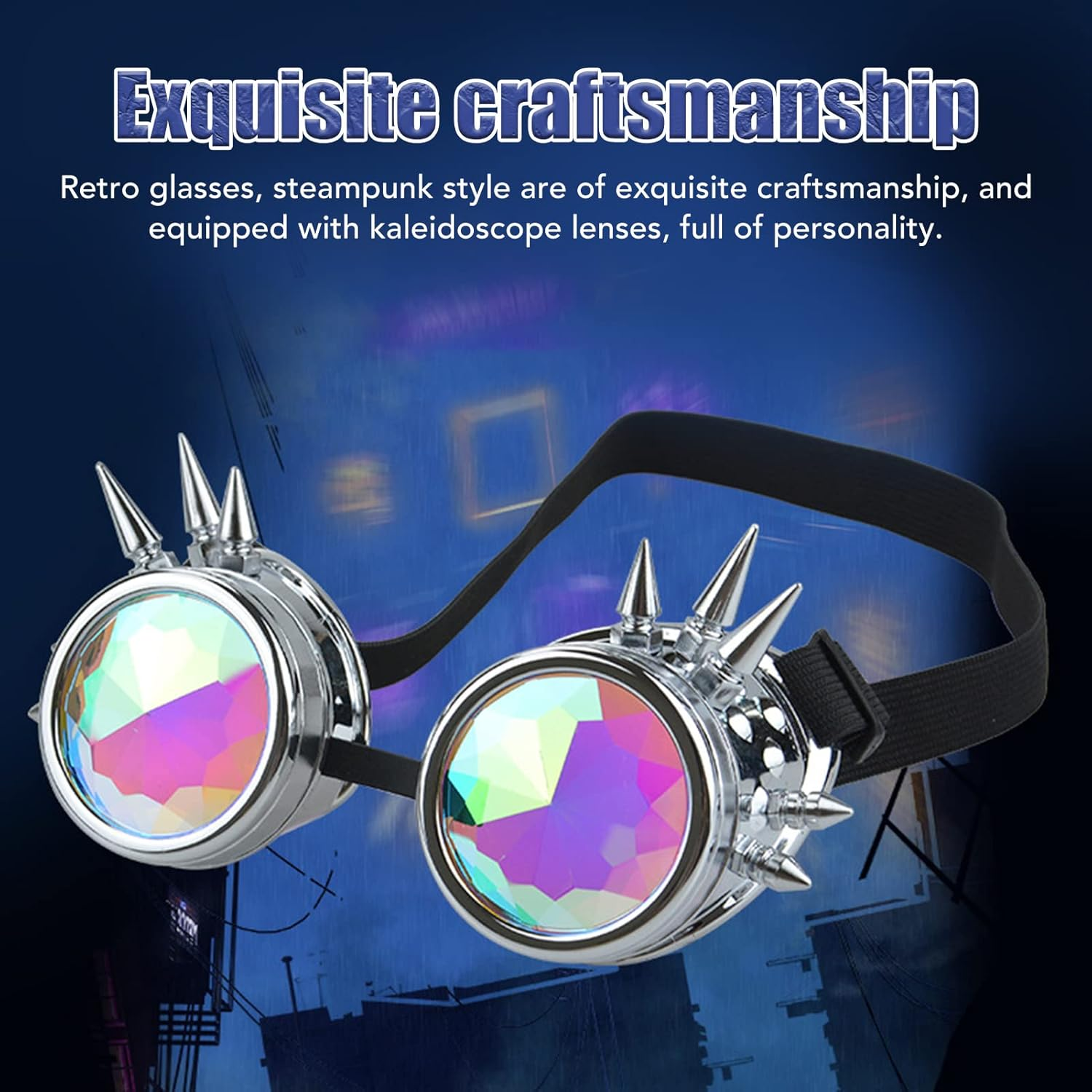 Steampunk Goggles, PC ABS Retro Psychedelic Rave Goggles with Adjustable Elastic Band, Adjustable Nose Rest Kaleidoscope Rave Glasses Festival Accessories for Christmas Halloween (Gloss Silver) - Gloss Silver image number 2