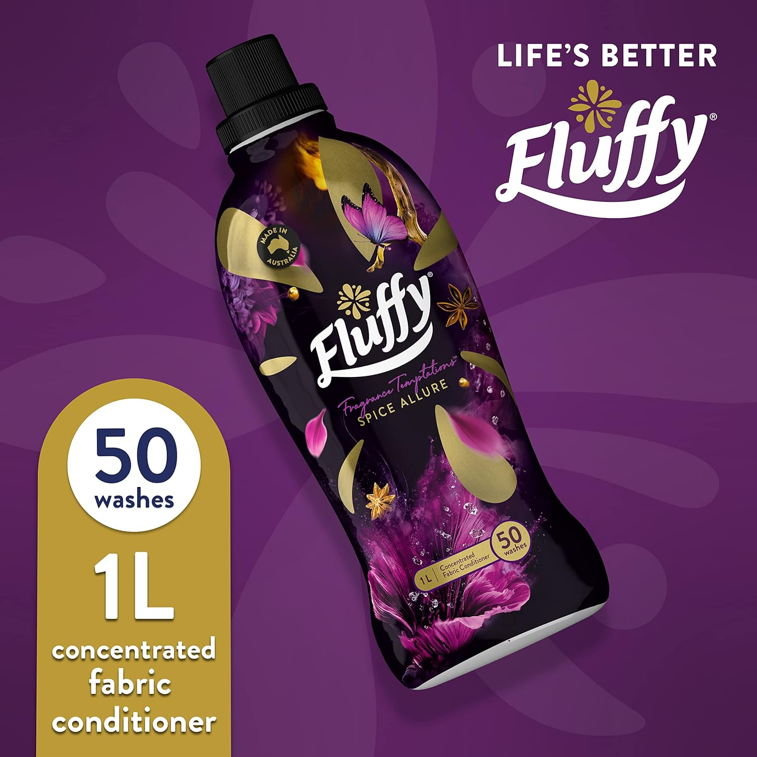 Fluffy Concentrate Liquid Fabric Softener Conditioner, 1L, 50 Washes, Spice Allure, Fragrance Temptations image number 6