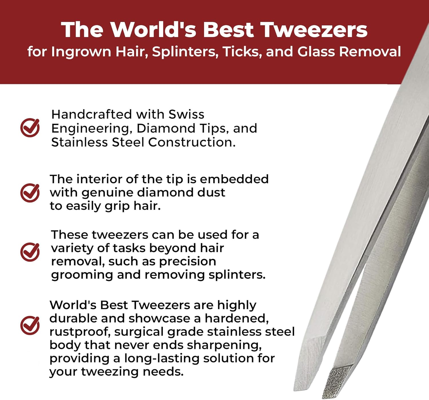 World'S Best Tweezers Diamond Tip - Diamond Coated Slant Precision Tweezer for Eyebrow, Facial & Ingrown Hair Removal - Suitably Aligned Stainless Steel Tool Grabs Hair from the Root image number 5