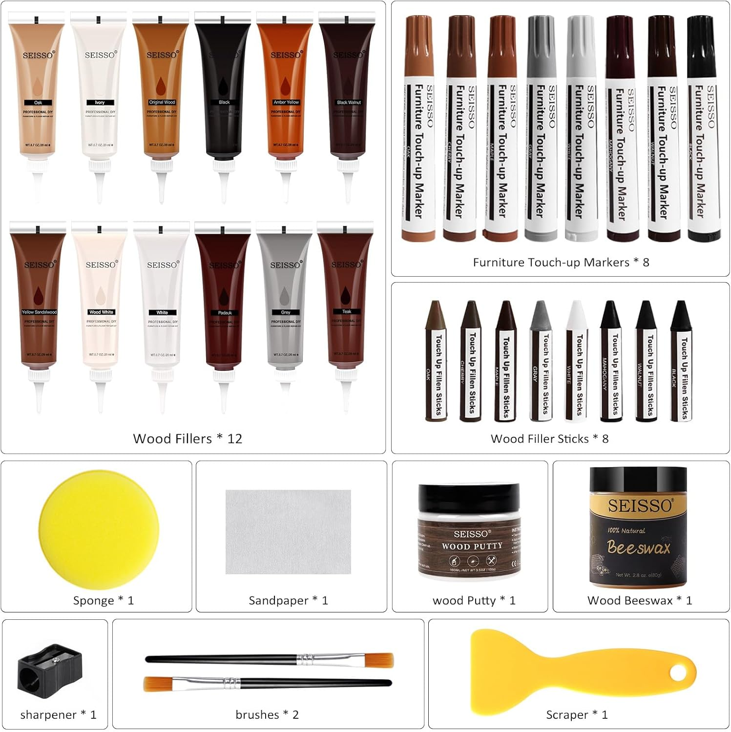 SEISSO Wood Furniture Repair Kit, 12 Colors Wood Fillers, Wood Putty with Beeswax, Furniture Touch up Markers with Wood Crayons, Hardwood Floor Repair Kit for Stains, Scratch, Cracks, Hole
